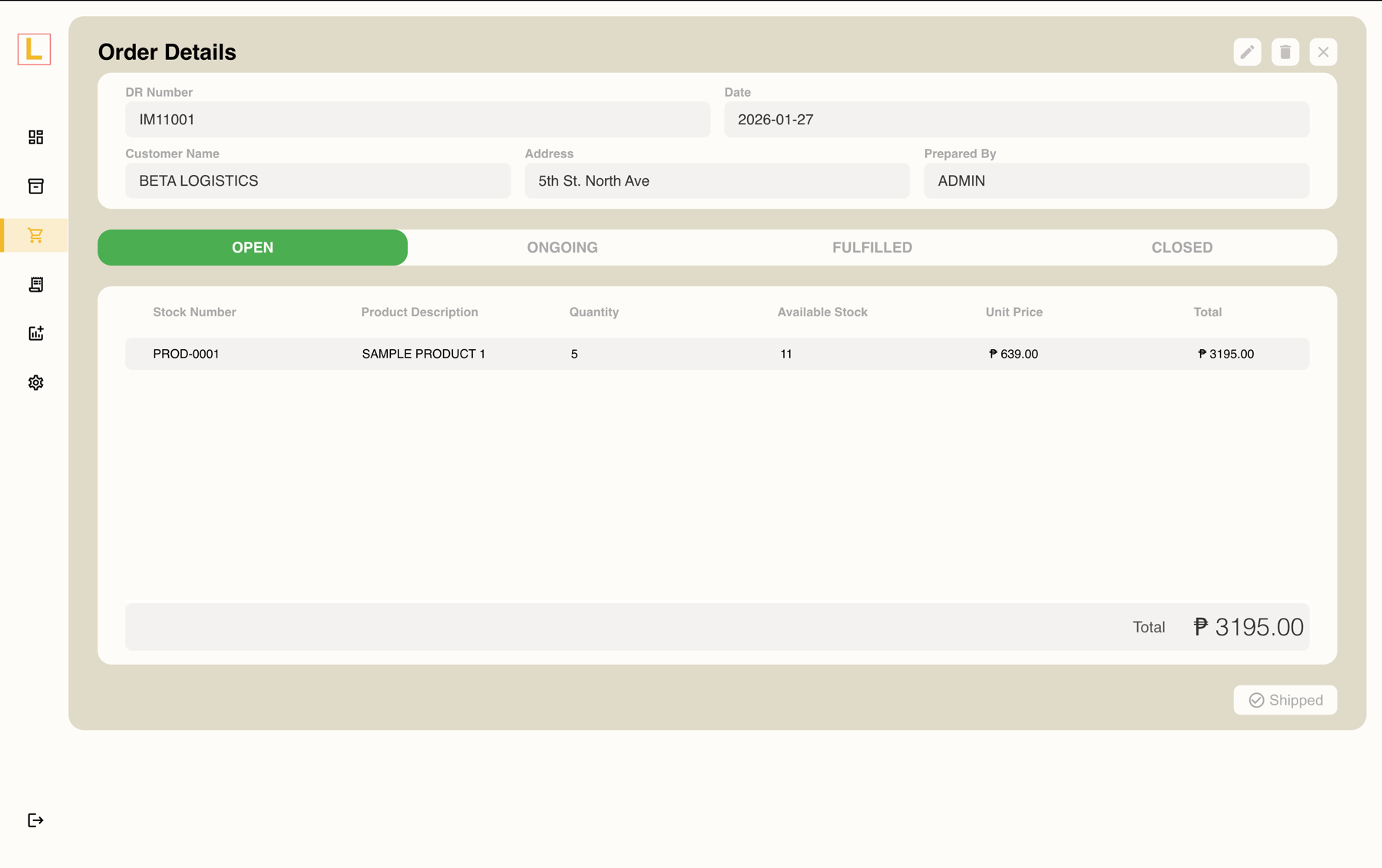 Order Processing (Filled with mock data)