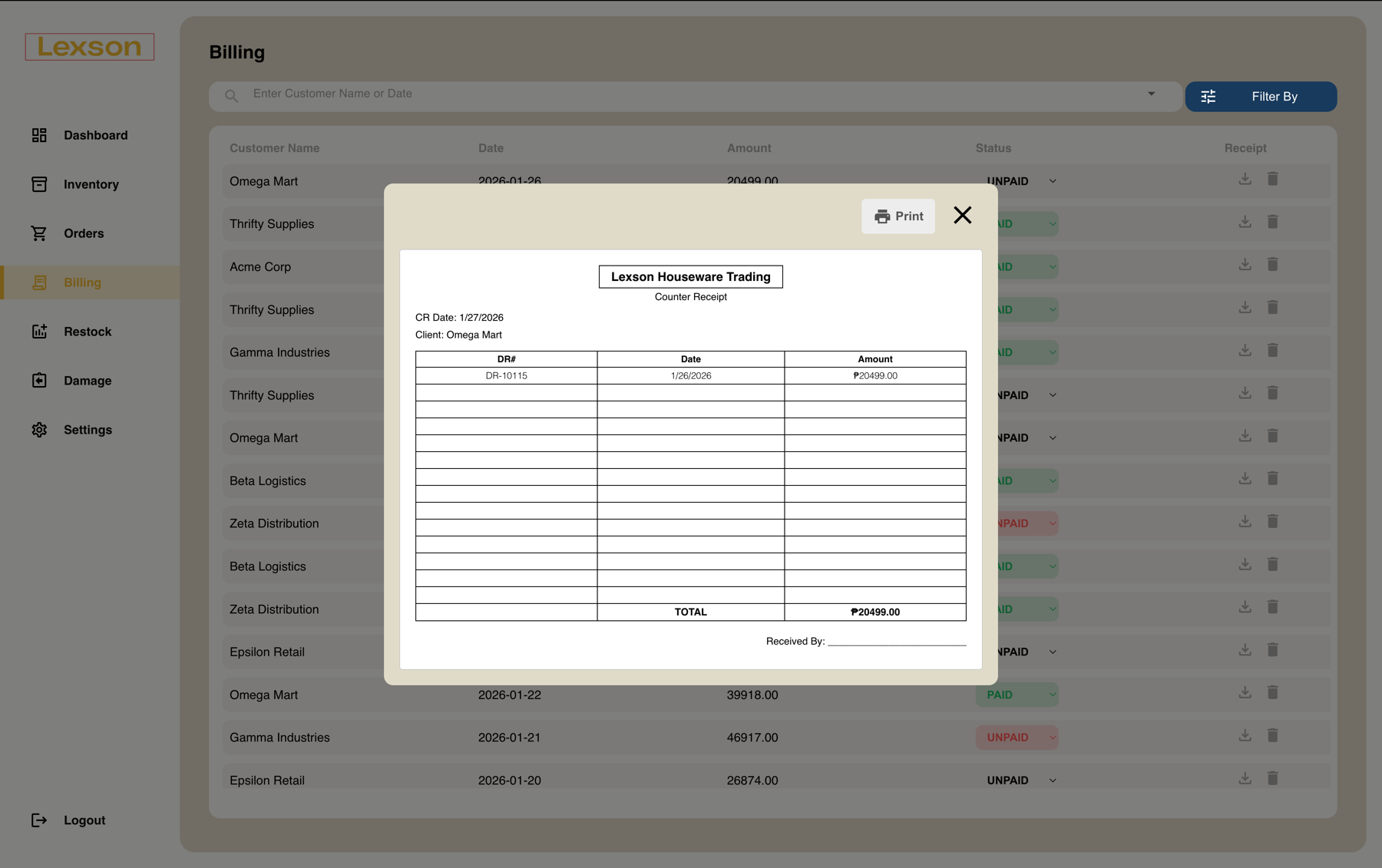 Billing Receipt (Filled with mock data)